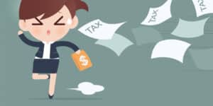 Animation of a woman with a bag of money running away from flying tax documents.
