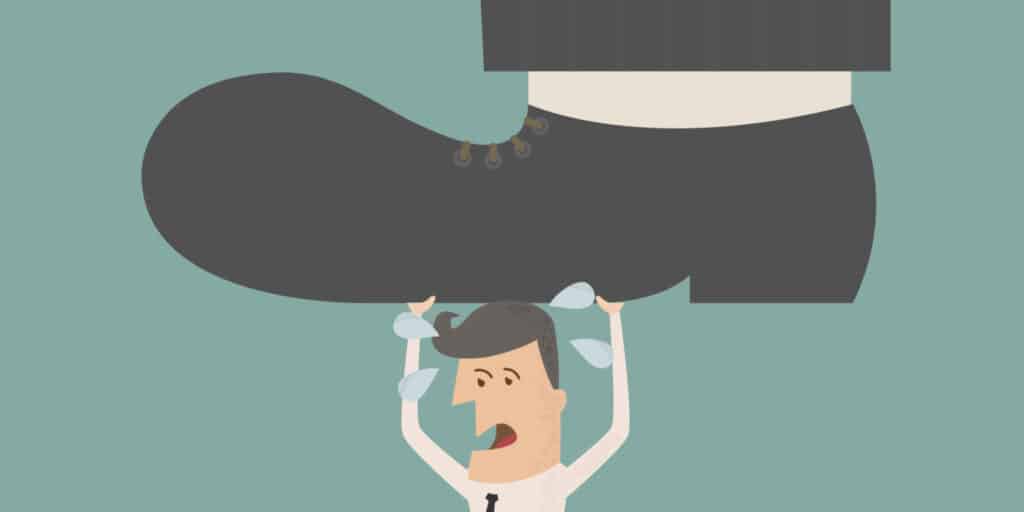 An animation of a tired man getting crushed by a large shoe.
