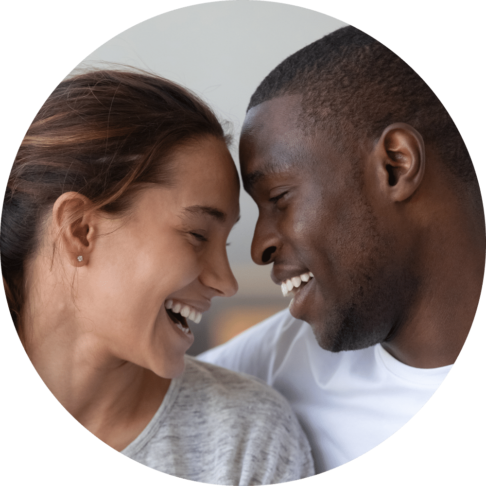 A close up image of a laughing couple.
