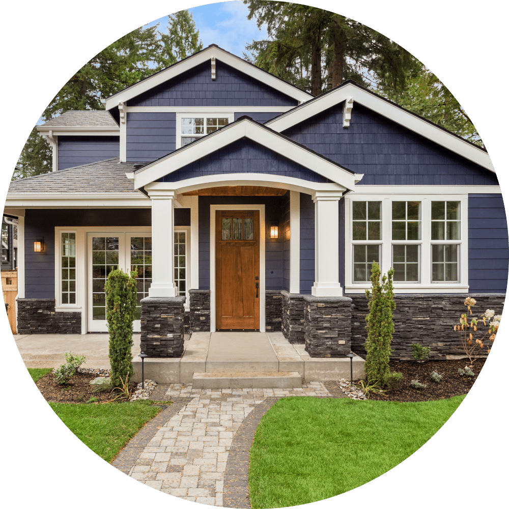 The front of a blue home.