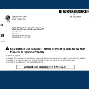 IRS CP504 Notice: Final Balance Due Reminder, intent to seize property if not paid.