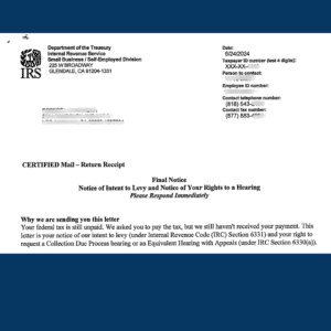 IRS Letter 1058, a final notice of intent to levy for unpaid federal tax.