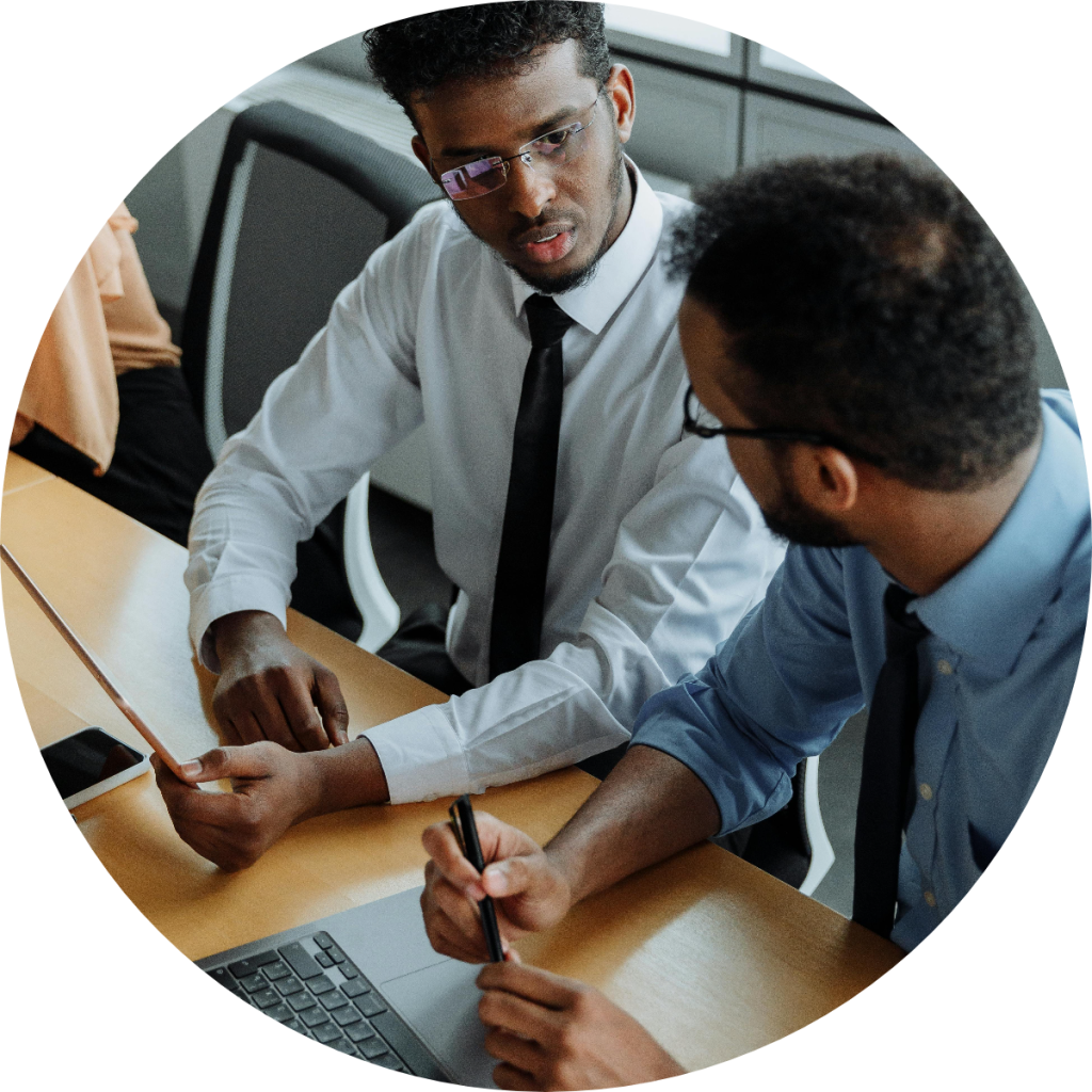Two professional male accountants in shirts and ties collaborating over laptop and documents during tax consultation, financial audit, or business accounting review meeting